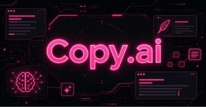 Cyberpunk futuristic illustration showing “Copy.ai” and examples of the platform’s core features