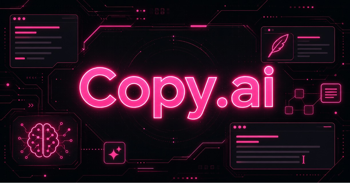 Cyberpunk futuristic illustration showing “Copy.ai” and examples of the platform’s core features