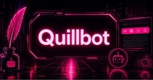 Cyberpunk futuristic illustration, showing “Quillbot.”