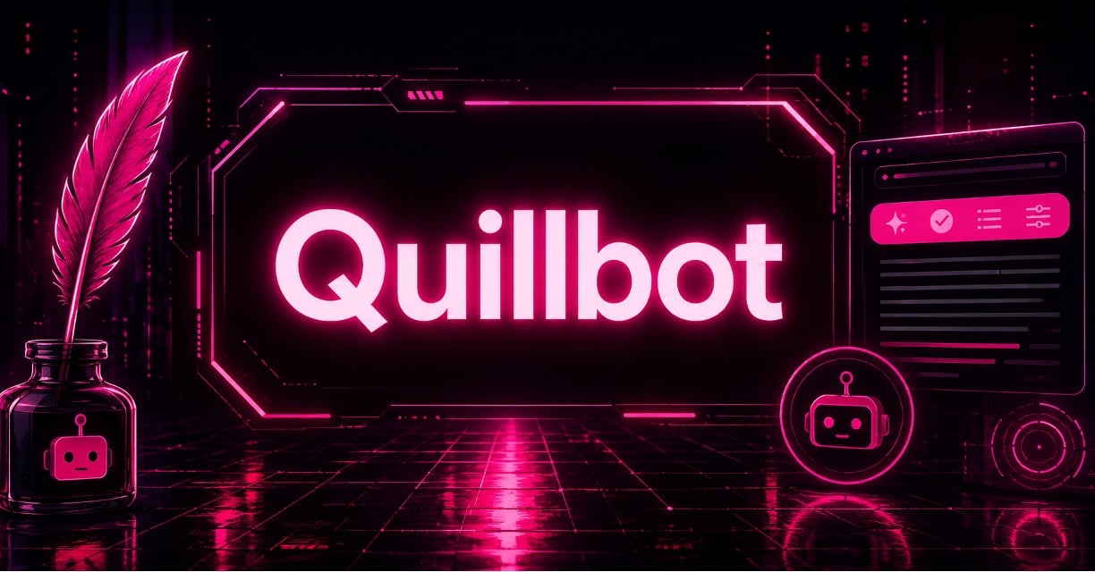Cyberpunk futuristic illustration, showing “Quillbot.”