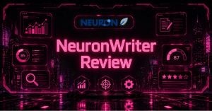 Cyberpunk futuristic illustration showing the words “NeuronWriter Review” alongside examples of the tool’s core features