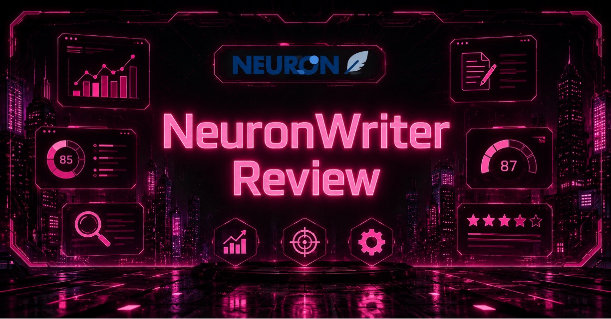 Cyberpunk futuristic illustration showing the words “NeuronWriter Review” alongside examples of the tool’s core features