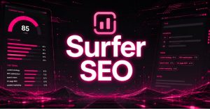 Cyberpunk illustration showing the words “Surfer SEO” alongside examples of the tool’s core features