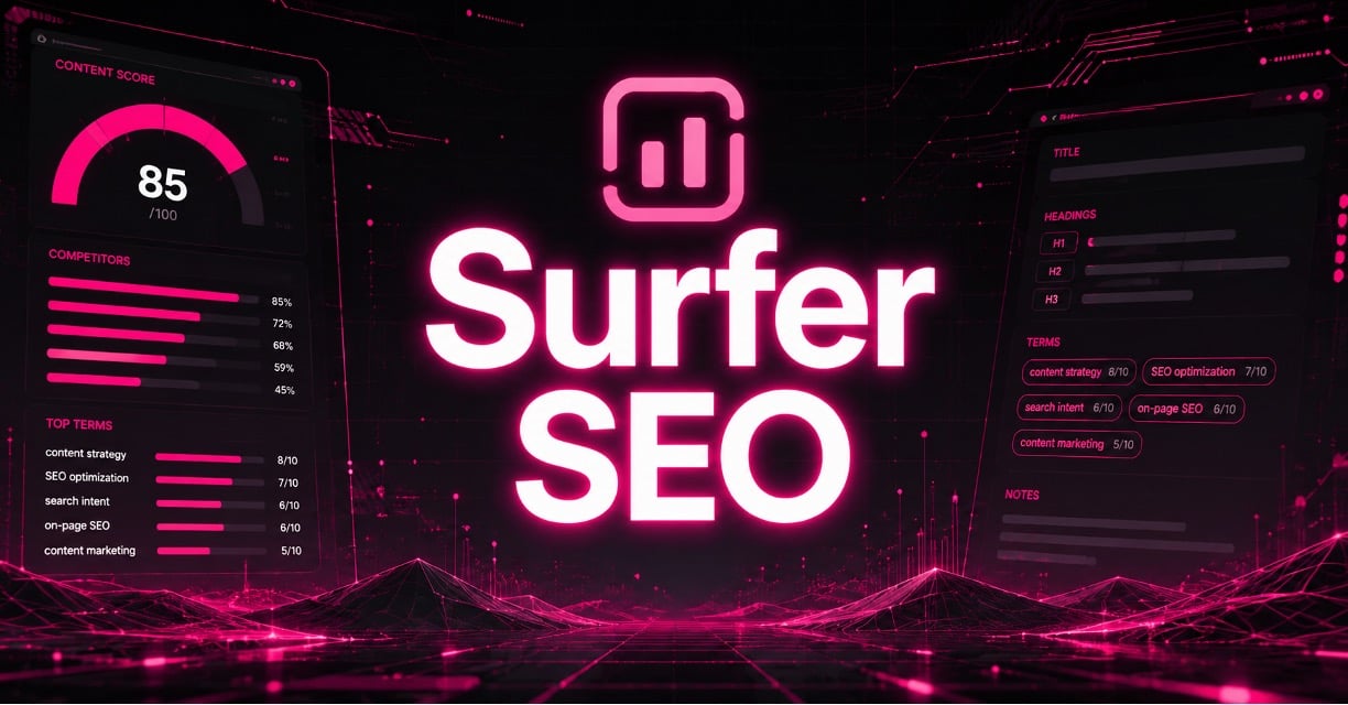 Cyberpunk illustration showing the words “Surfer SEO” alongside examples of the tool’s core features