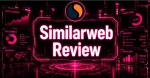 Cyberpunk-style Similarweb Review graphic featuring the Similarweb logo, glowing neon pink dashboard panels, traffic analytics charts, market share metrics, and futuristic digital intelligence visuals on a black and grey cityscape background