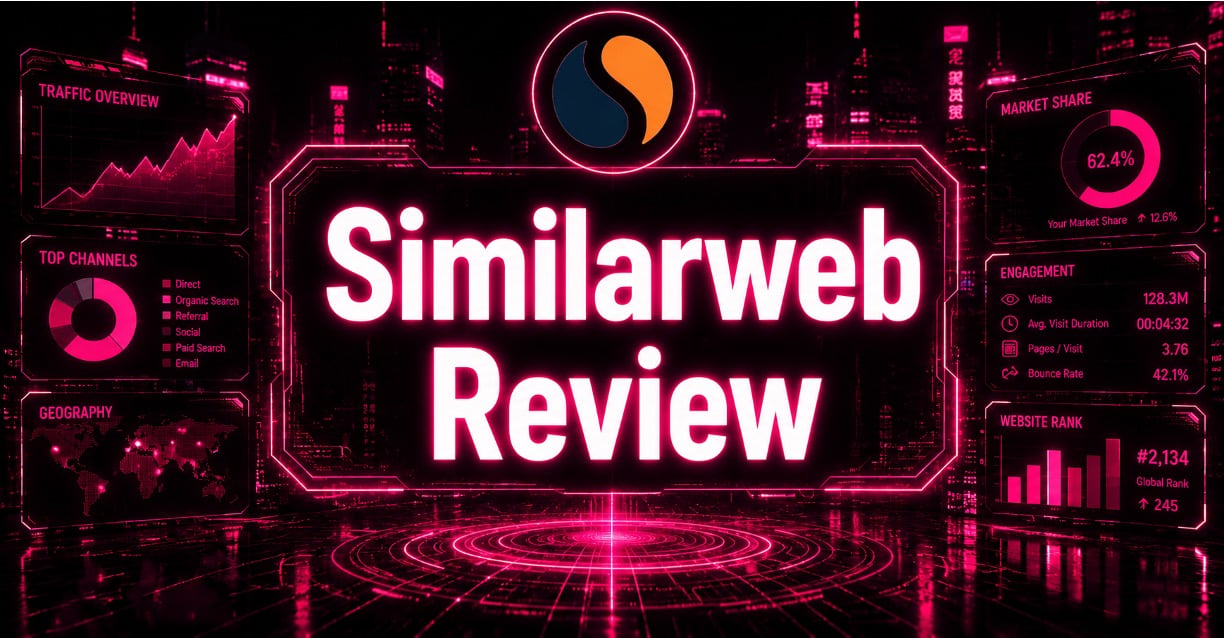 Cyberpunk-style Similarweb Review graphic featuring the Similarweb logo, glowing neon pink dashboard panels, traffic analytics charts, market share metrics, and futuristic digital intelligence visuals on a black and grey cityscape background