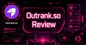 Cyberpunk-style featured image for an Outrank.so review with the Outrank.so logo, neon pink futuristic interface, SEO and content automation dashboard elements, and the centered text "Outrank.so Review" against a black and grey digital cityscape background.