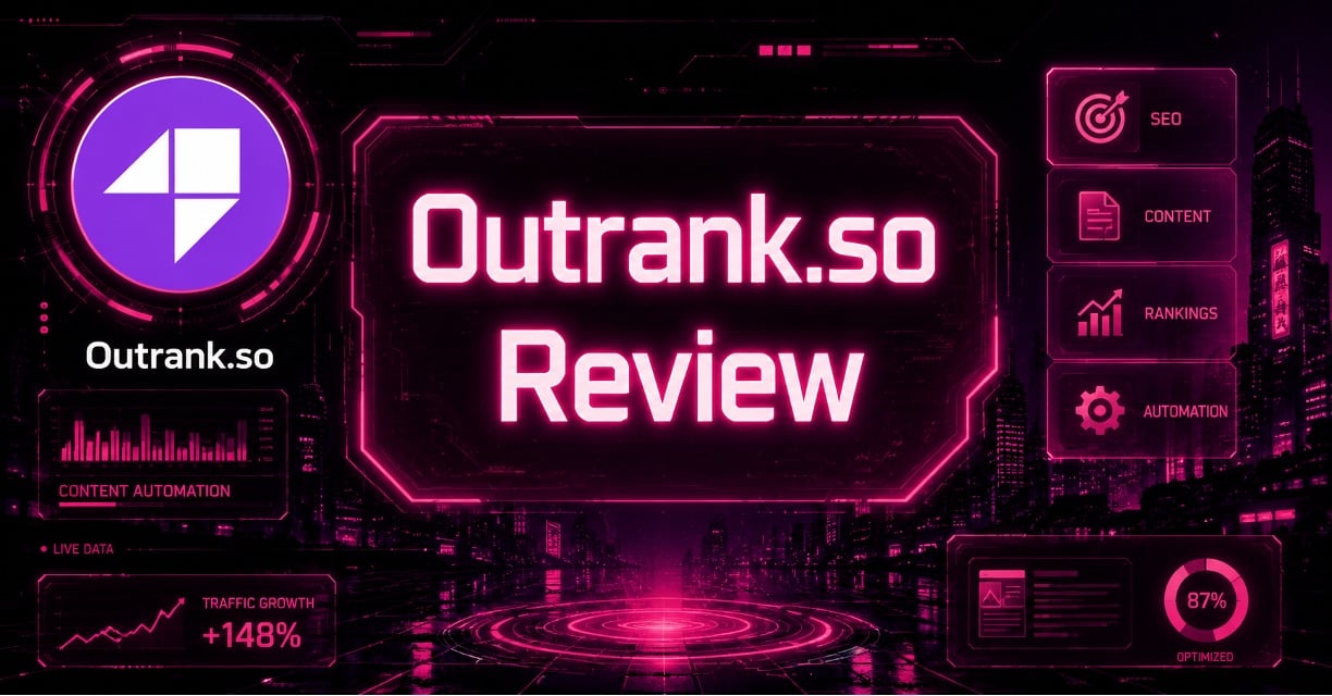 Cyberpunk-style featured image for an Outrank.so review with the Outrank.so logo, neon pink futuristic interface, SEO and content automation dashboard elements, and the centered text "Outrank.so Review" against a black and grey digital cityscape background.