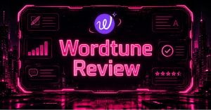 Cyberpunk-style featured image with the Wordtune logo above glowing neon pink text reading "Wordtune Review," surrounded by futuristic AI writing, analytics, and editing interface elements on a black and grey cityscape background