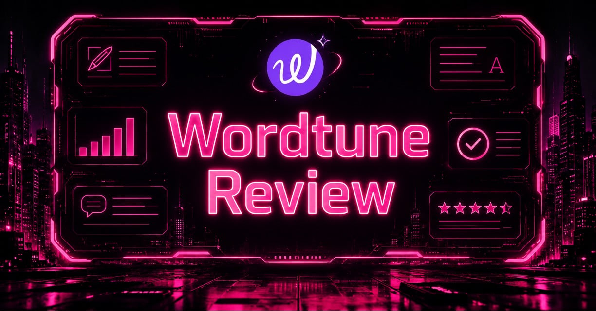 Cyberpunk-style featured image with the Wordtune logo above glowing neon pink text reading "Wordtune Review," surrounded by futuristic AI writing, analytics, and editing interface elements on a black and grey cityscape background
