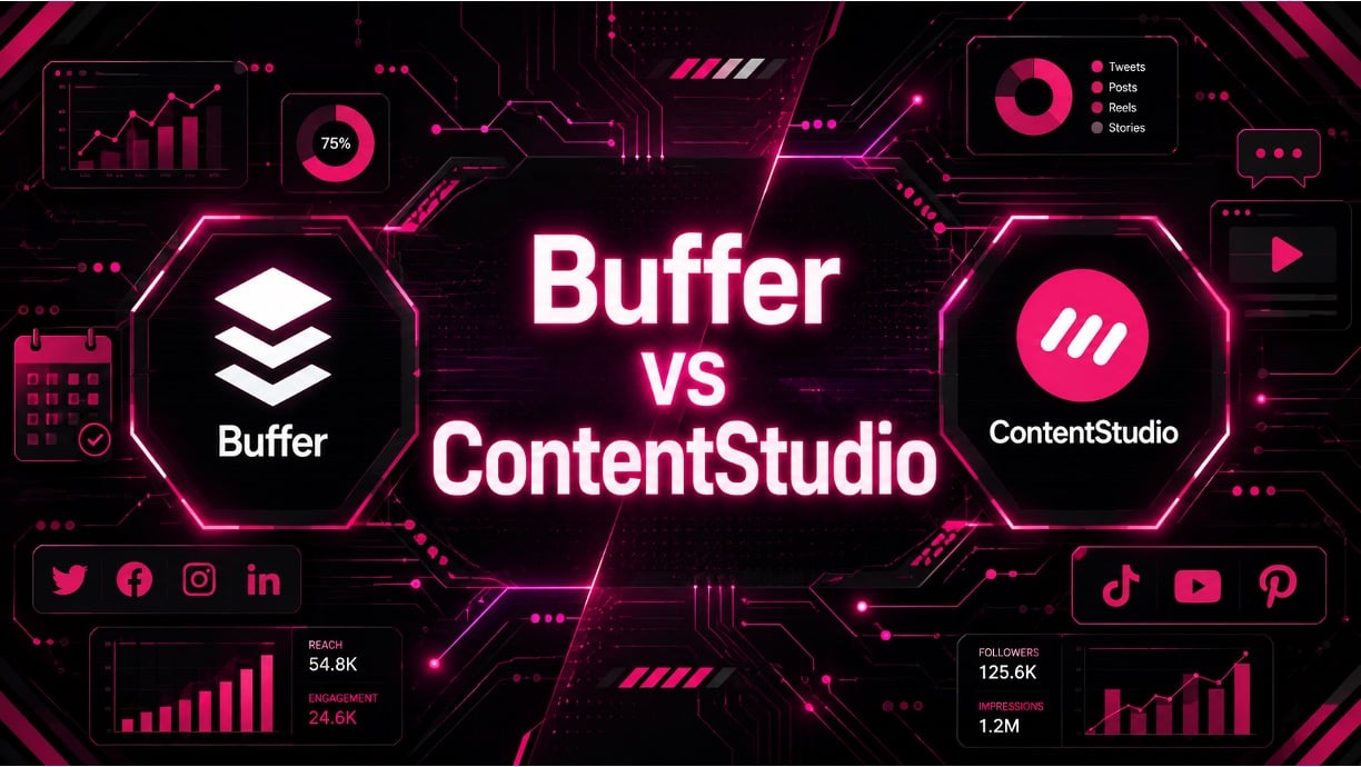 Cyberpunk-style image that reads “Buffer vs ContentStudio'