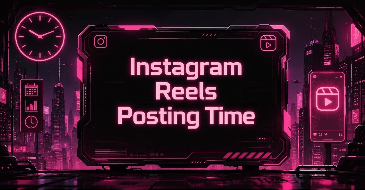 Neon pink "Instagram Reels Posting Time" title over a futuristic dark cityscape with Instagram and analytics icons