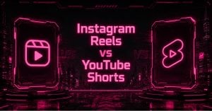 Neon pink and black graphic comparing Instagram Reels and YouTube Shorts logos with the text "Instagram Reels vs YouTube Shorts."