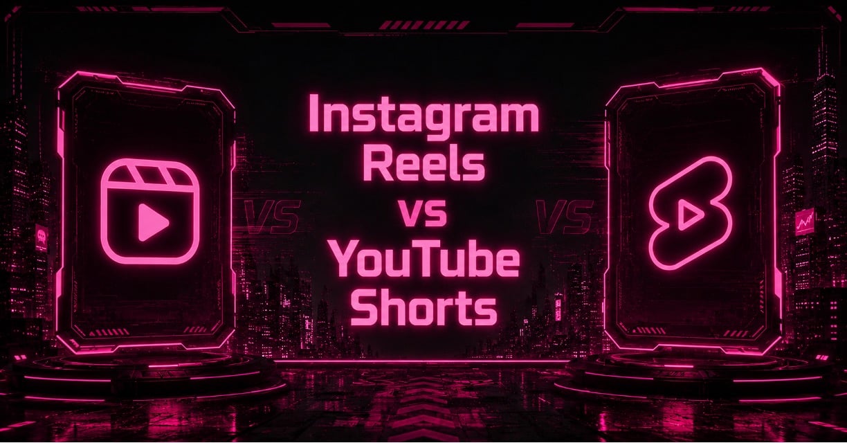 Neon pink and black graphic comparing Instagram Reels and YouTube Shorts logos with the text "Instagram Reels vs YouTube Shorts."