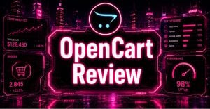OpenCart Review, cyberpunk graphic with OpenCart logo and ecommerce analytics dashboard