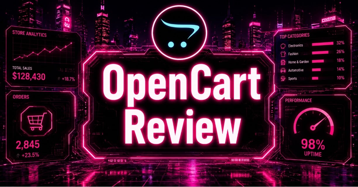 OpenCart Review, cyberpunk graphic with OpenCart logo and ecommerce analytics dashboard