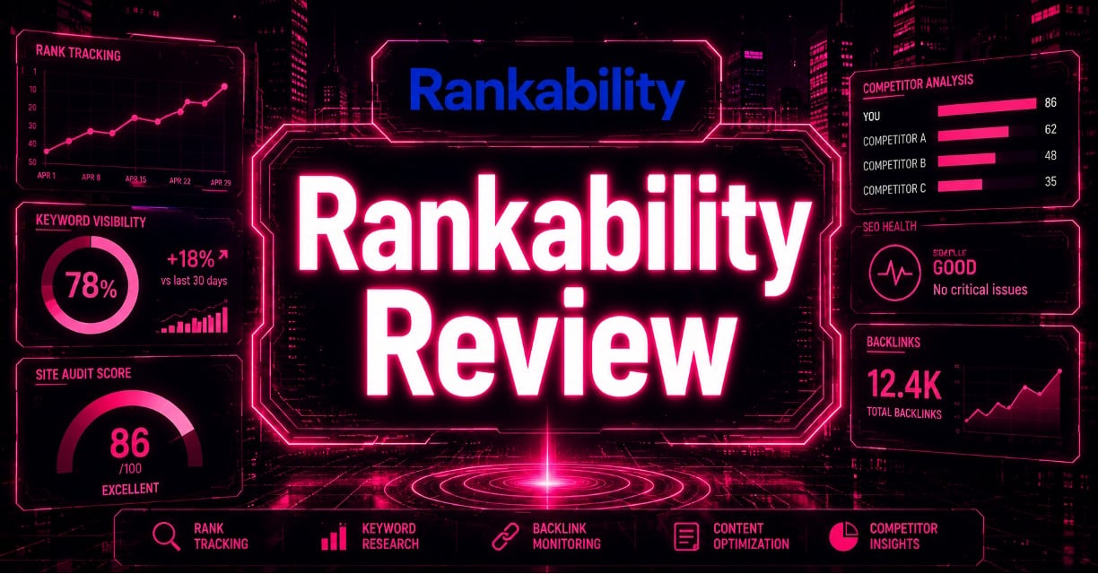 Rankability Review cyberpunk SEO dashboard with Rankability logo and ranking analytics