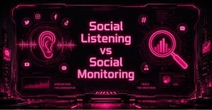Stylized graphic comparing social listening and social monitoring against a neon pink futuristic background