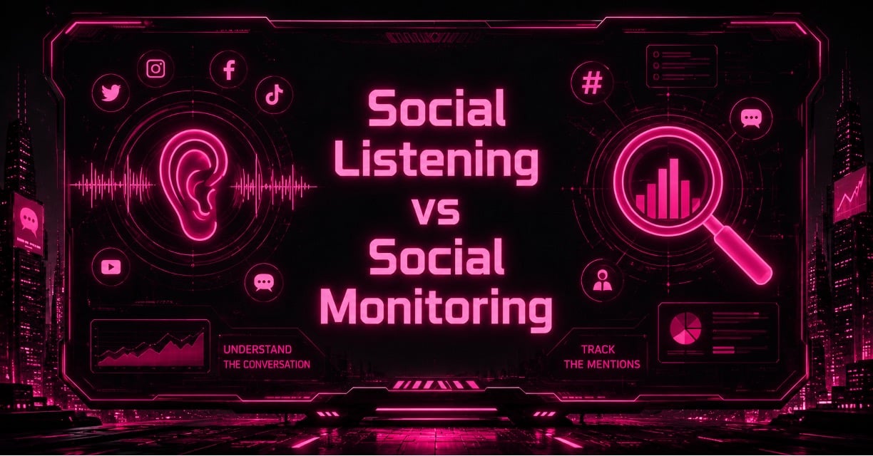 Stylized graphic comparing social listening and social monitoring against a neon pink futuristic background