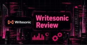 Writesonic Review banner with logo on a dark, neon-pink cityscape background