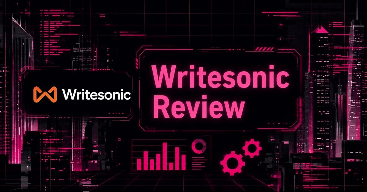 Writesonic Review banner with logo on a dark, neon-pink cityscape background