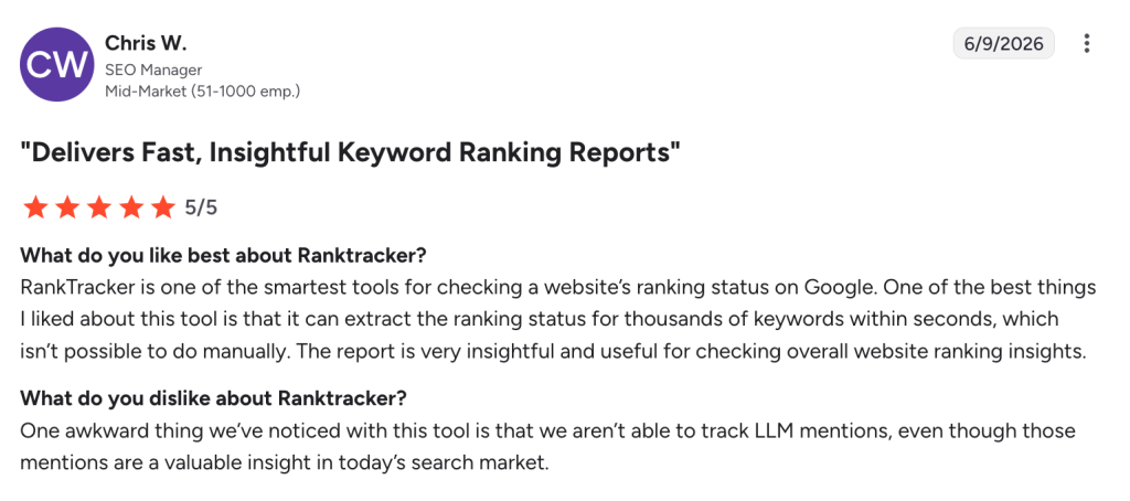5-star G2 review of Ranktracker by an SEO Manager praising keyword ranking reports.