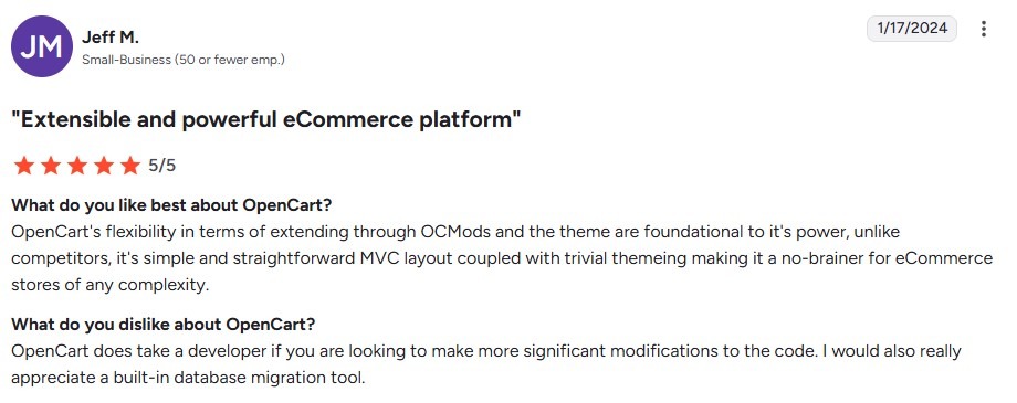 Five-star OpenCart review highlighting its extensibility through OCMods, simple MVC layout, and easy theming.