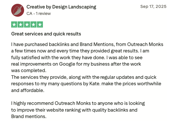 Screenshot of a user’s 5-star review for Outreach Monks.
