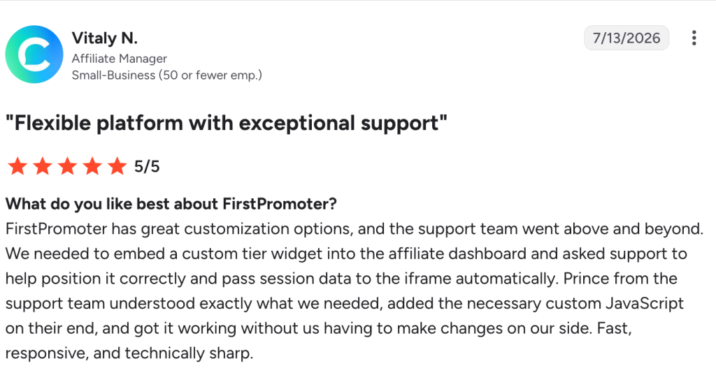 A 5-star review highlighting FirstPromoter’s great support
