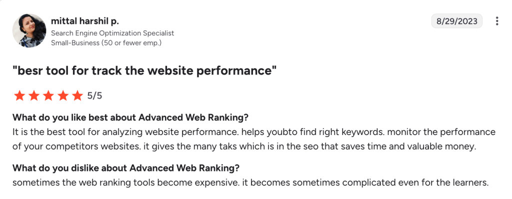 G2 user review of Advanced Web Ranking, rated 5 out of 5 stars.