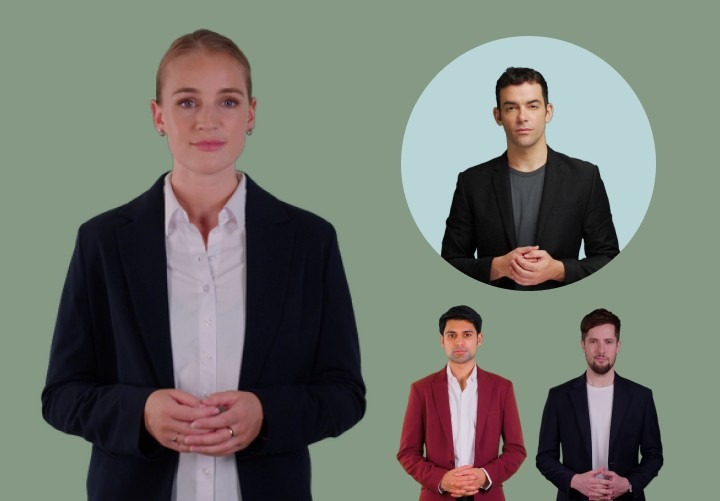 Fliki's AI avatars of digital presenters in suits.