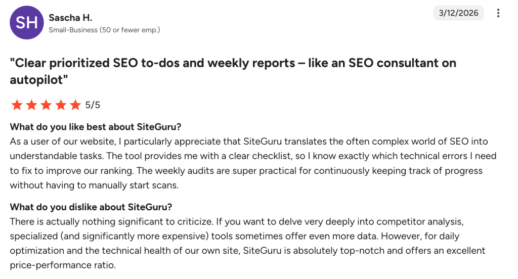 5-star G2 review of SiteGuru by a small-business user praising its SEO tools.