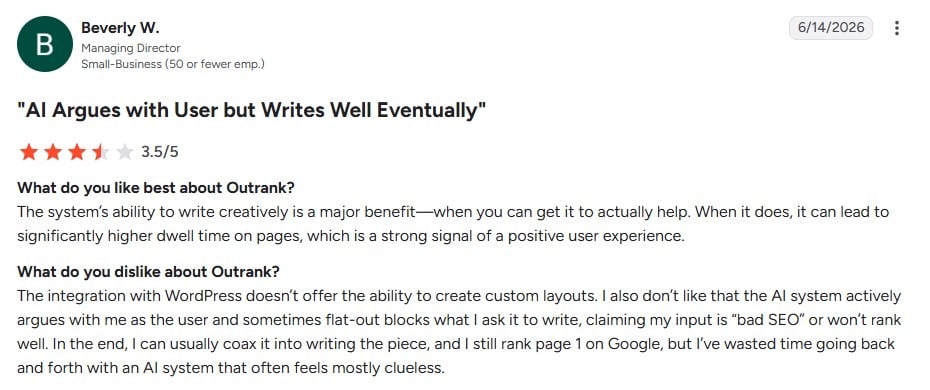 Outrank user review from Beverly W., rated 3.5 out of 5 stars, titled “AI Argues with User but Writes Well Eventually.”