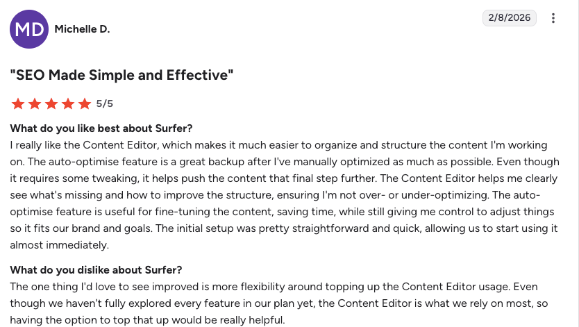 Screenshot of a user’s review for Surfer SEO.