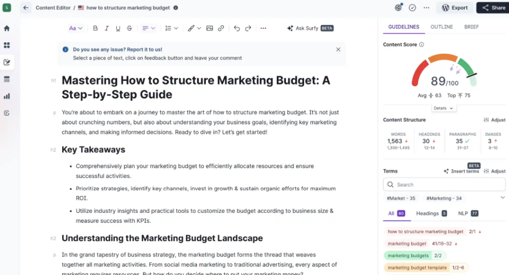 Screenshot showing how Surfer SEO’s Content Editor analyzes articles and identifies areas that need improvement.