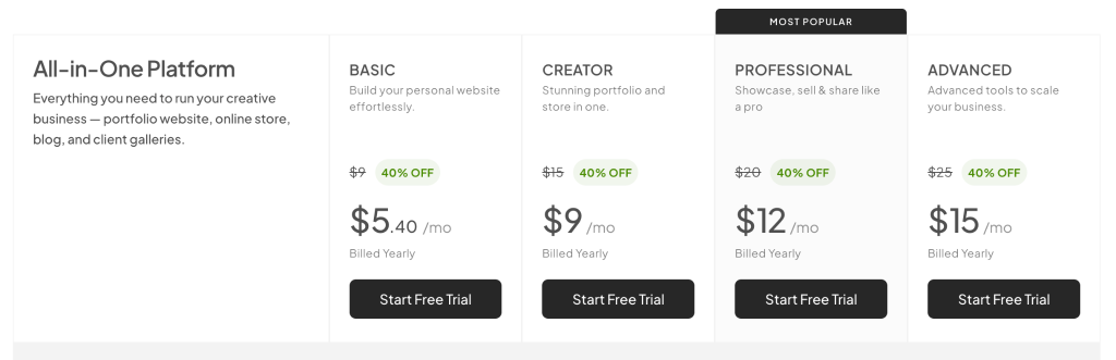 Pixpa’s pricing package with annual billing