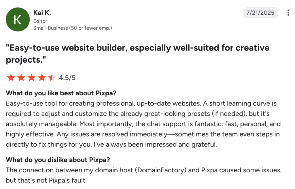 4.5-star G2 review highlighting Pixpa’s ease of use and chat support