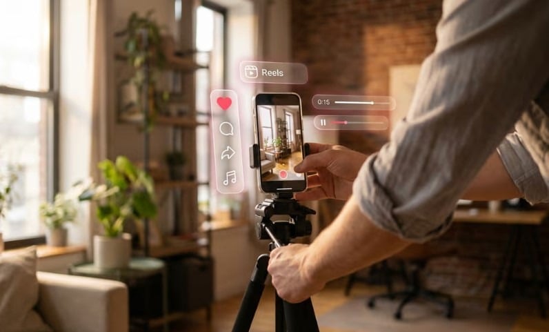 A person filming vertical video on a tripod-mounted smartphone with an Instagram Reels interface overlay.
