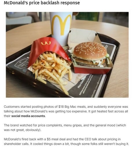 A McDonald's meal tray holding a carton of fries, a wrapped Big Mac, and a soft drink cup with the golden arches logo.