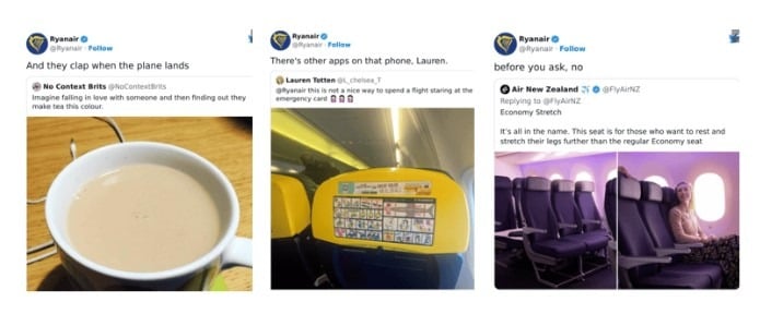 Three Ryanair tweets shown side by side, each replying to other posts with short, joking one-line responses.