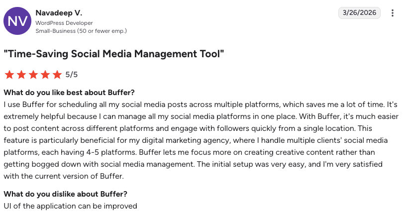 Screenshot of a customer’s five-star review for Buffer.