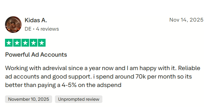 AdRevival customer review highlighting reliable ad accounts and savings from zero spend fees.
