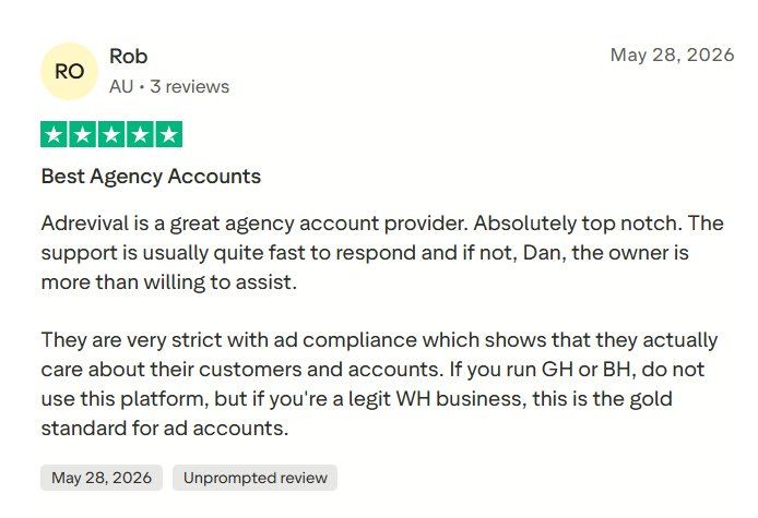 Trustpilot review of AdRevival highlighting fast support for legitimate advertisers.