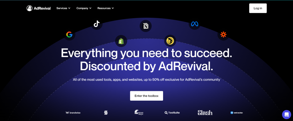 AdRevival Toolbox landing page showing partner logos and a 50% discount offer.