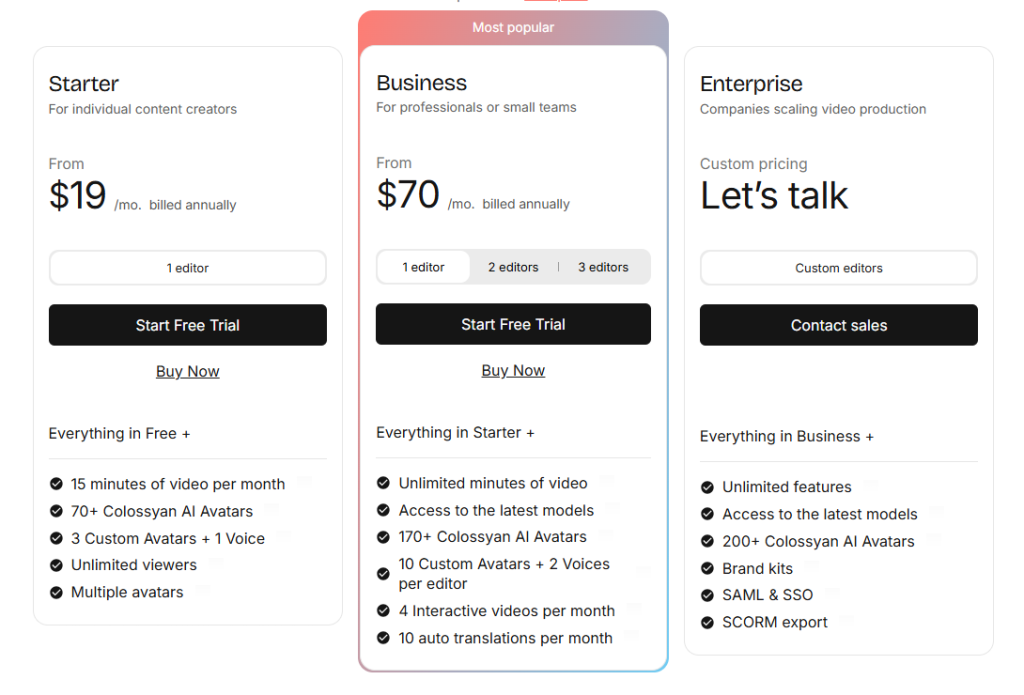Colossyan pricing plans