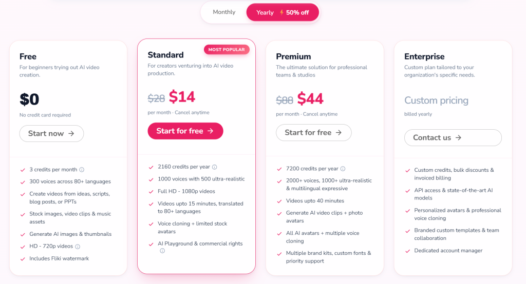 Screenshot of Fliki pricing plans