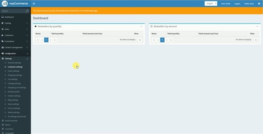nopCommerce admin dashboard showing bestsellers reports and settings menu.