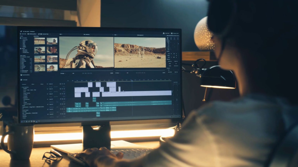 Video editor scrubbing through a timeline to locate and extract spoken content for transcription.