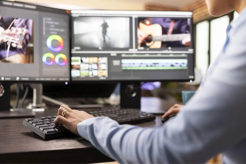 Editor reviewing multi-track video footage to identify audio-driven content suitable for podcast conversion.