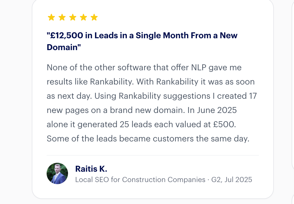 A 5-star review card from user Raitis K., titled "£12,500 in Leads in a Single Month From a New Domain."